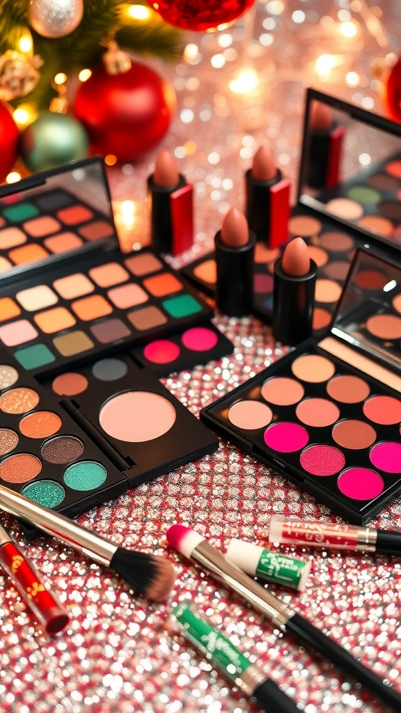 A vibrant Christmas makeup setup with colorful cosmetics and holiday decorations.